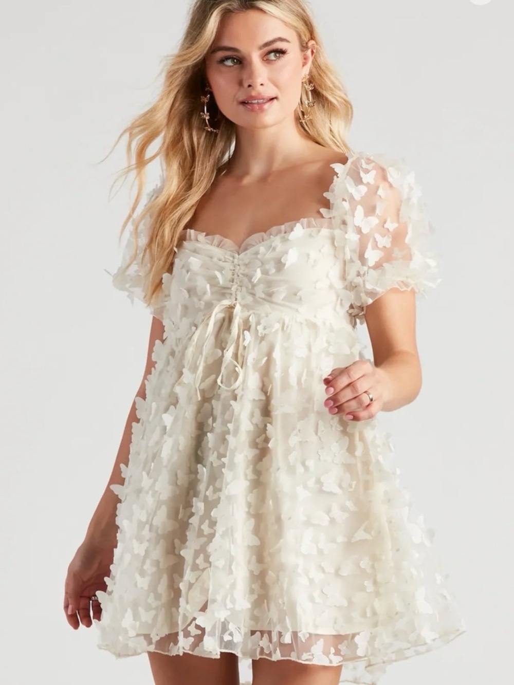 Windsor Ivory Butterfly Tiered Babydoll Mini Dress
